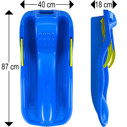Duże sanki ślizg dla dzieci z oparciem hamulcem sznurkiem plastikowe niebieskie