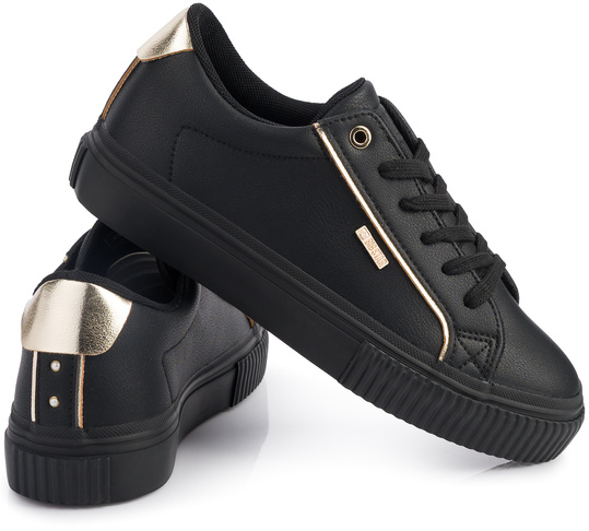 BIG STAR damskie buty sportowe sneakersy czarne ekoskóra złote dodatki
