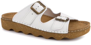 DR ORTO damskie klapki medyczne profilaktyczne białe skórzane z regulowanymi klamrami