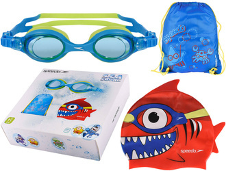 SPEEDO SEA SQUAD SWIM BAG SET NIEBIESKI ZESTAW DZIECIĘCY DO PŁYWANIA OKULARKI WOREK CZEPEK