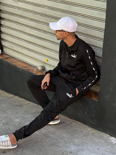 PUMA TAPE POLY SUIT 847420-01 CZARNY DRES KOMPLET MĘSKI SPORTOWY SPODNIE BLUZA